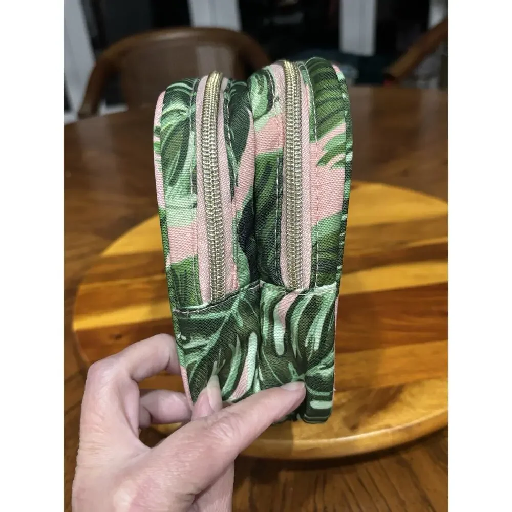 Sophia Joy Fabric Tropical Leaf Print Double Zip Makeup Bag, Green/Pink